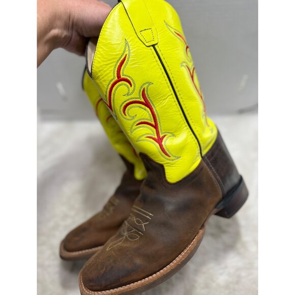Old West Youth Cowboy Boots Size 7 D Neon Yellow & Brown Leather - Picture 11 of 11